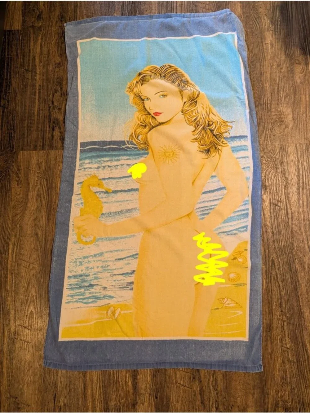 Vintage 90s Topless Beach Seahorse Blond Woman 55x30 Cotton Beach Towel Pin-Up